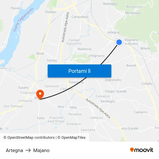Artegna to Majano map
