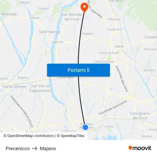 Precenicco to Majano map