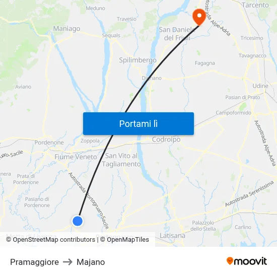 Pramaggiore to Majano map