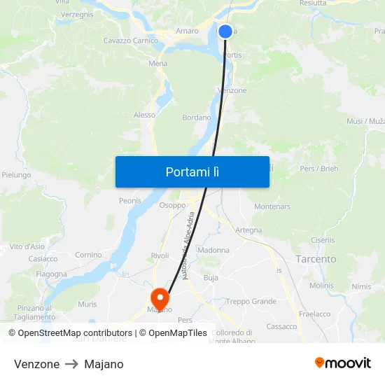 Venzone to Majano map