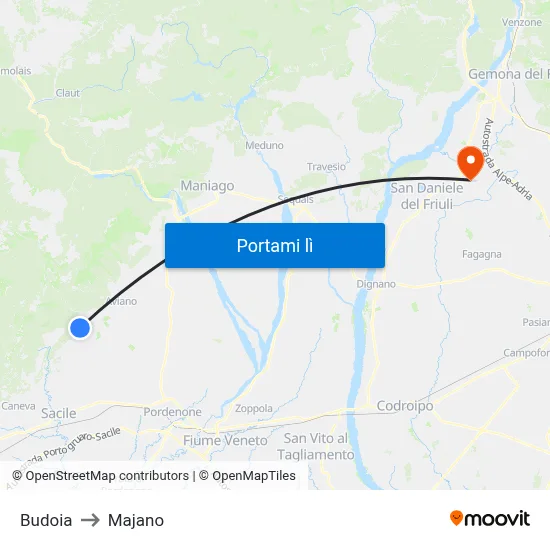 Budoia to Majano map