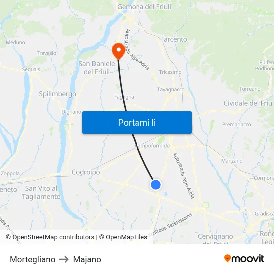 Mortegliano to Majano map