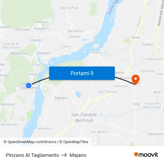 Pinzano Al Tagliamento to Majano map