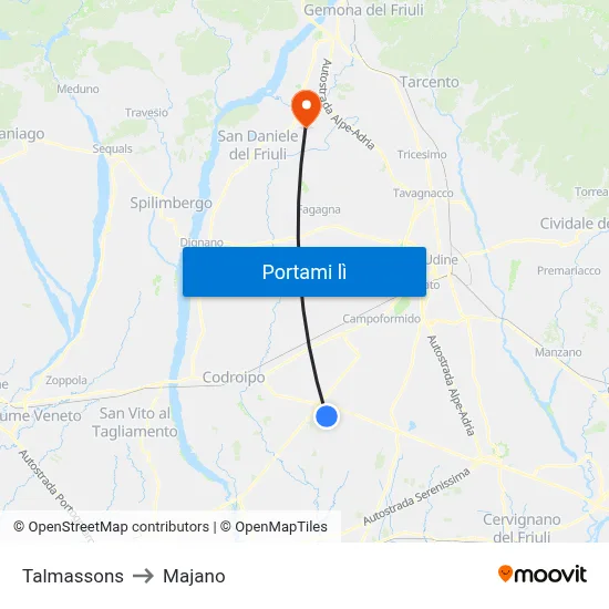 Talmassons to Majano map