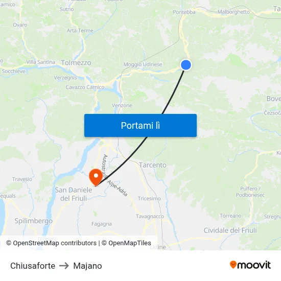 Chiusaforte to Majano map