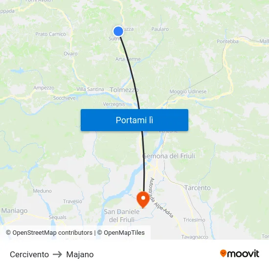 Cercivento to Majano map