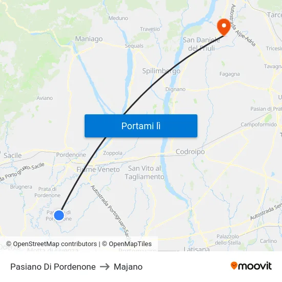 Pasiano Di Pordenone to Majano map
