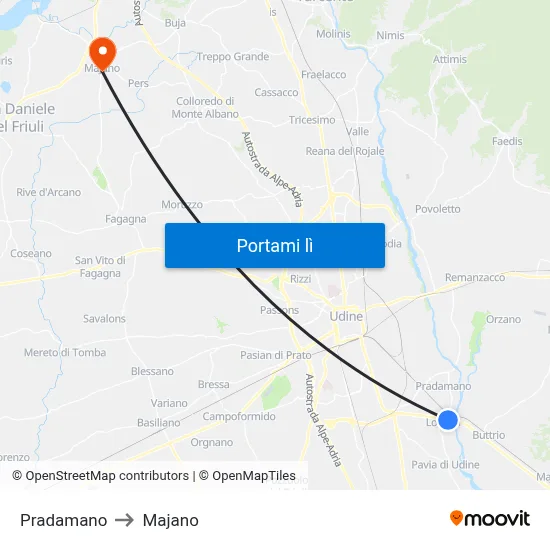 Pradamano to Majano map