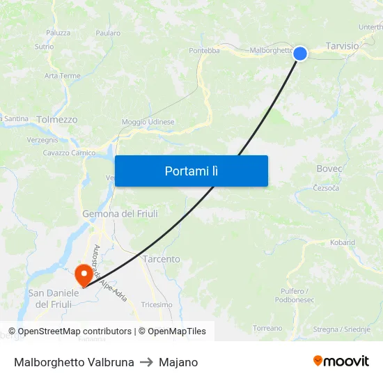 Malborghetto Valbruna to Majano map