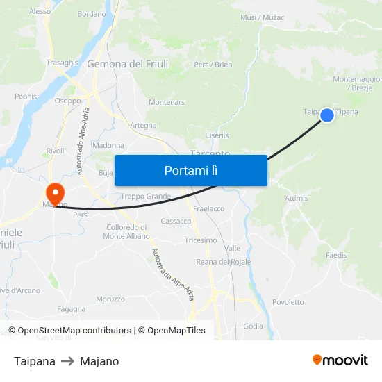 Taipana to Majano map