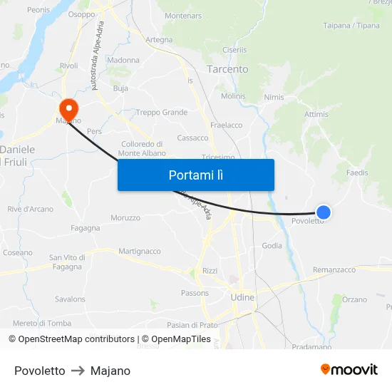 Povoletto to Majano map