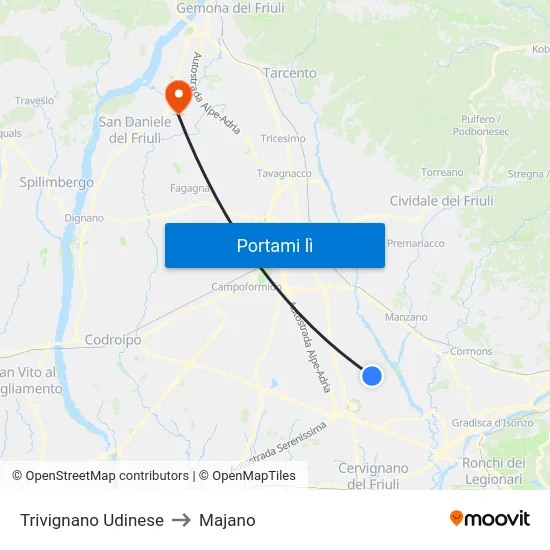 Trivignano Udinese to Majano map