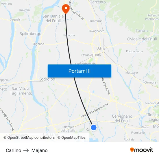 Carlino to Majano map