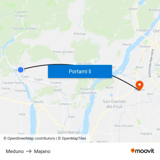 Meduno to Majano map