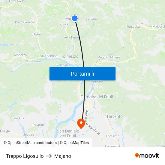 Treppo Ligosullo to Majano map