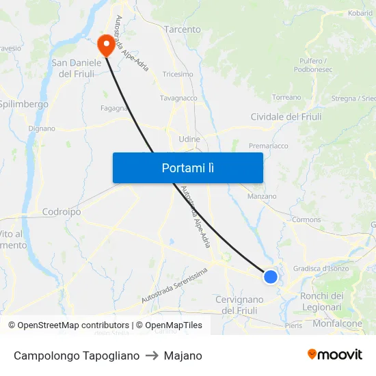 Campolongo Tapogliano to Majano map