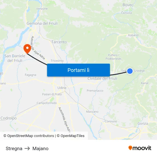 Stregna to Majano map