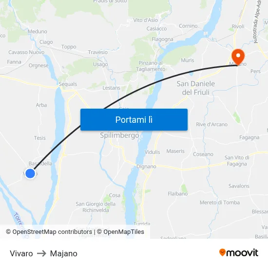 Vivaro to Majano map