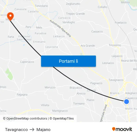 Tavagnacco to Majano map