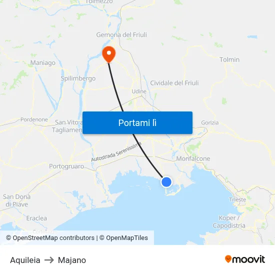 Aquileia to Majano map