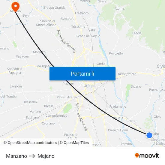 Manzano to Majano map