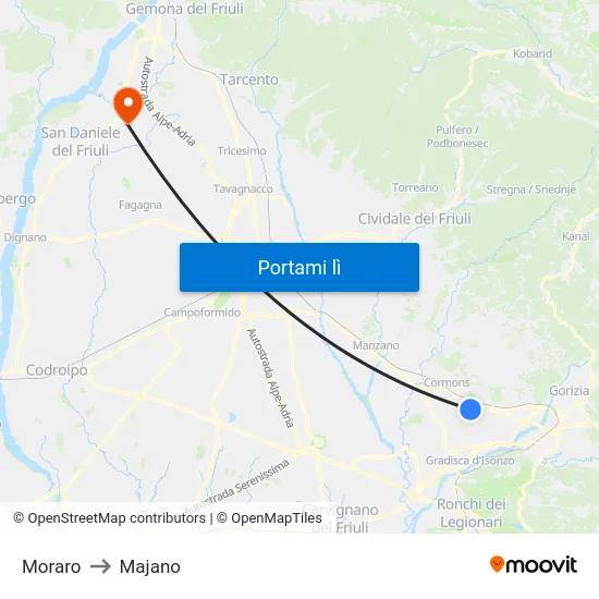 Moraro to Majano map