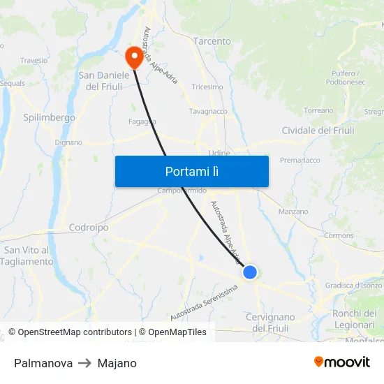 Palmanova to Majano map