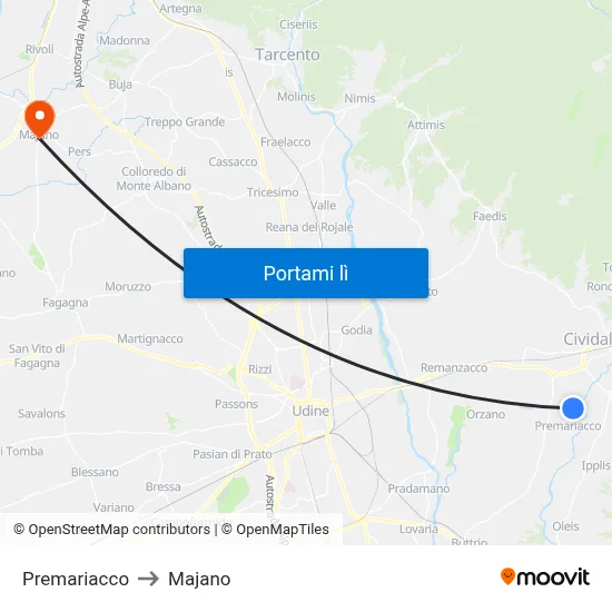 Premariacco to Majano map