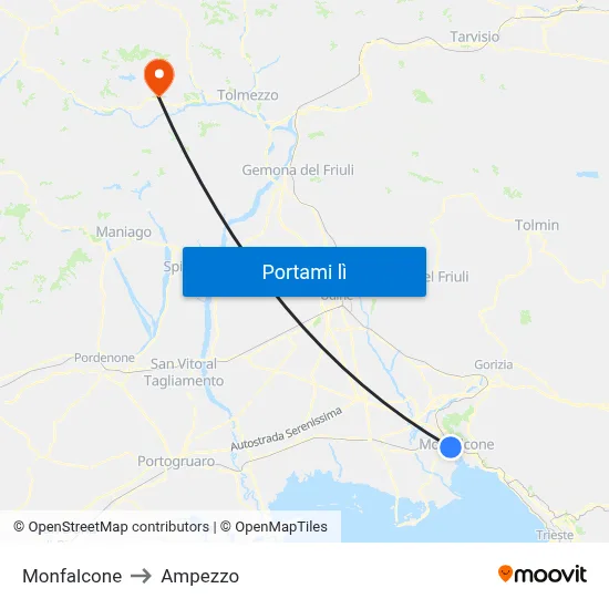 Monfalcone to Ampezzo map