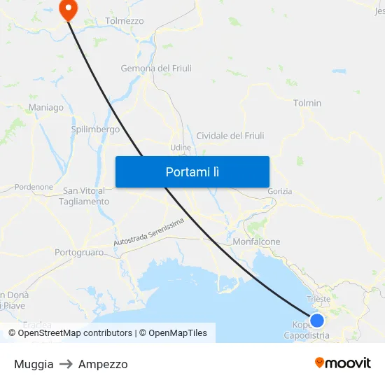 Muggia to Ampezzo map