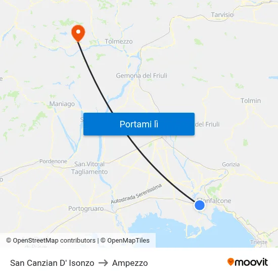 San Canzian D' Isonzo to Ampezzo map