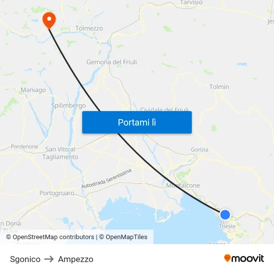 Sgonico to Ampezzo map