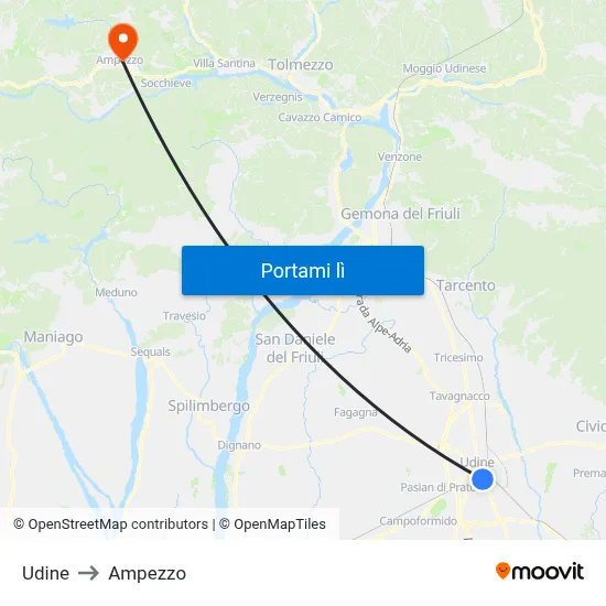 Udine to Ampezzo map