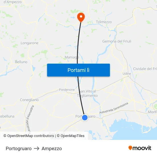 Portogruaro to Ampezzo map