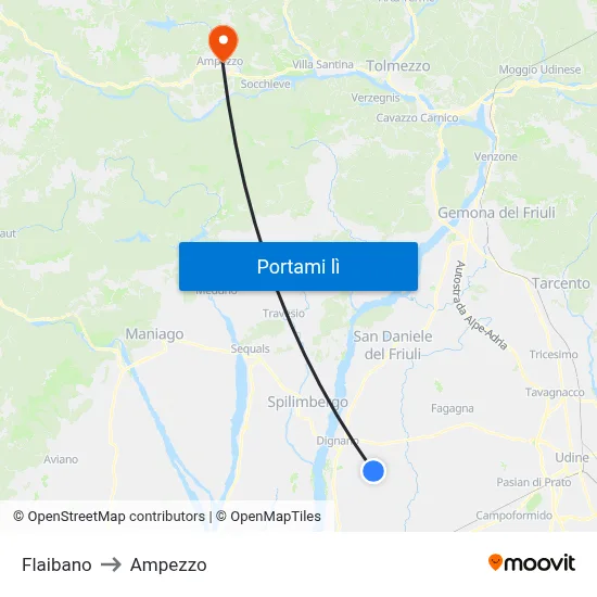 Flaibano to Ampezzo map