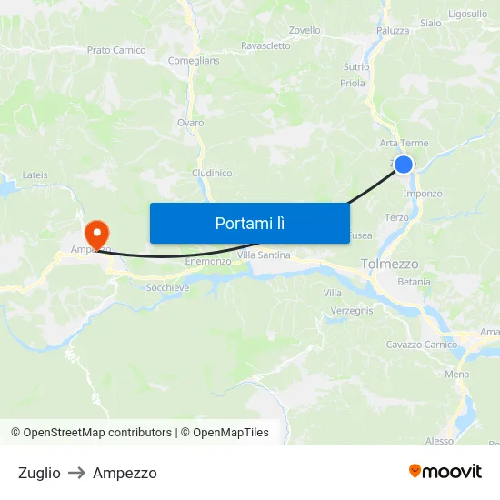 Zuglio to Ampezzo map