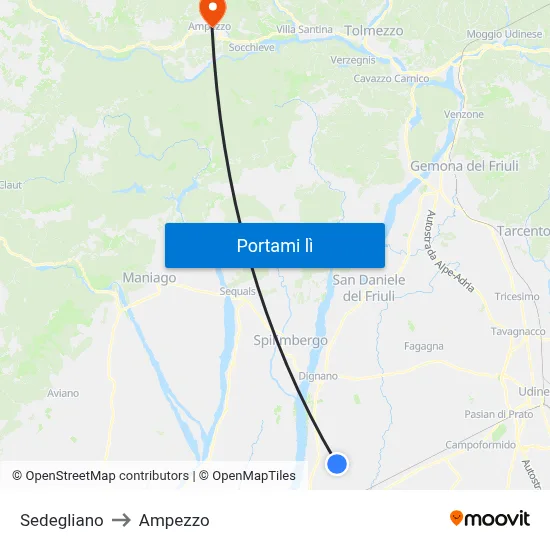 Sedegliano to Ampezzo map