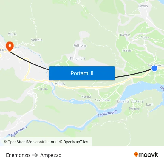 Enemonzo to Ampezzo map