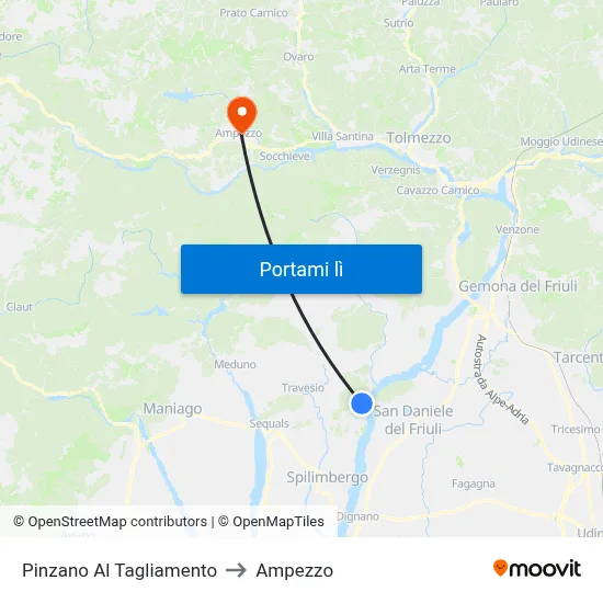 Pinzano Al Tagliamento to Ampezzo map