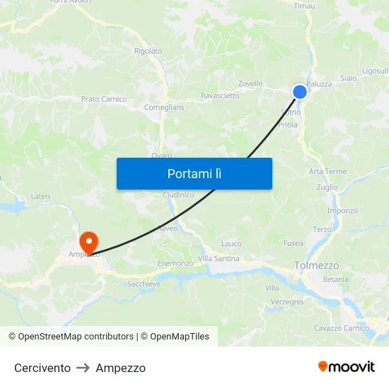 Cercivento to Ampezzo map