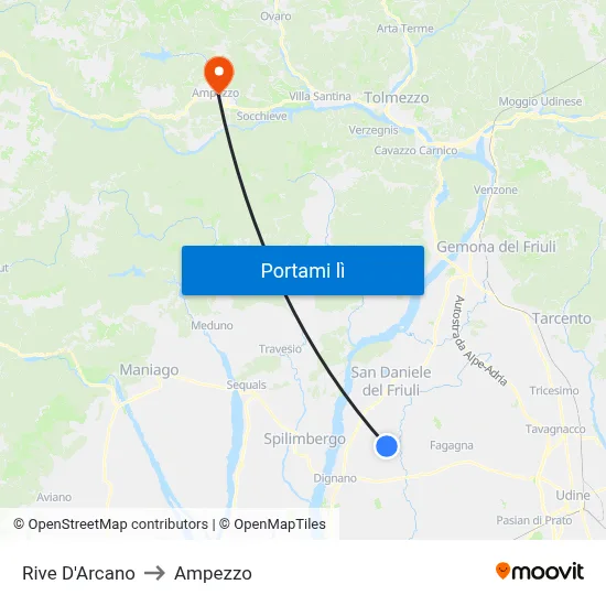 Rive D'Arcano to Ampezzo map