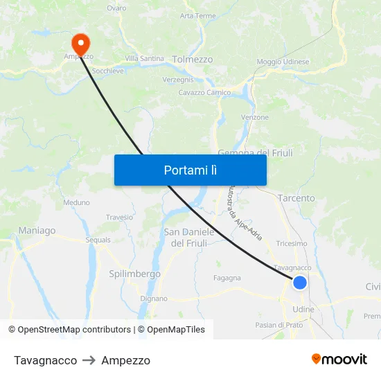 Tavagnacco to Ampezzo map