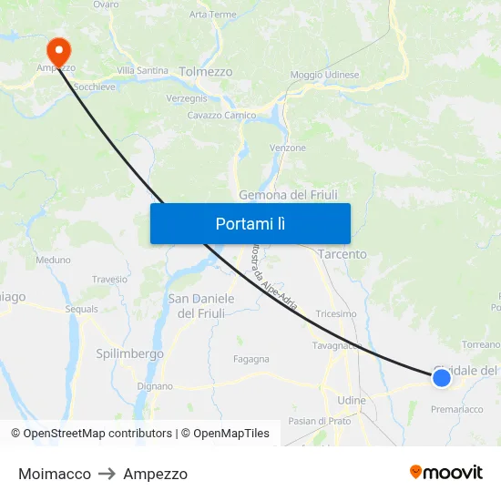 Moimacco to Ampezzo map