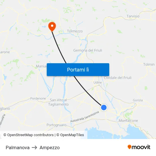 Palmanova to Ampezzo map