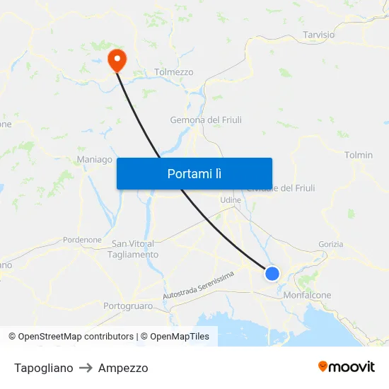 Tapogliano to Ampezzo map