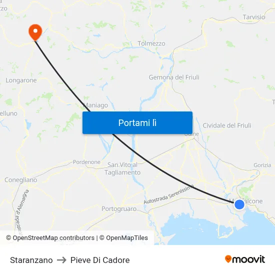 Staranzano to Pieve Di Cadore map