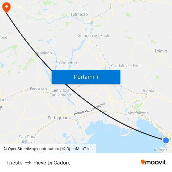 Trieste to Pieve Di Cadore map