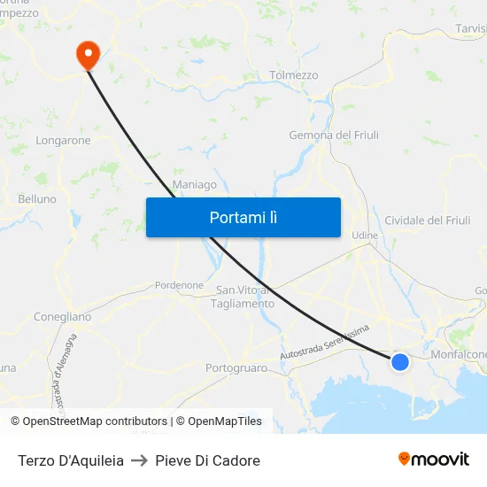 Terzo D'Aquileia to Pieve Di Cadore map