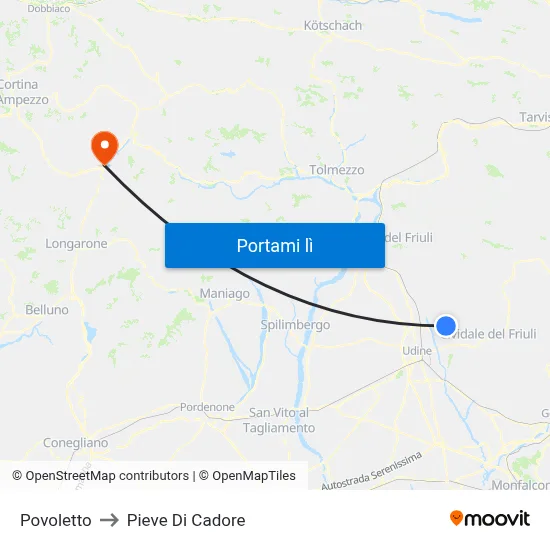 Povoletto to Pieve Di Cadore map