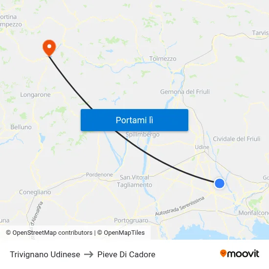 Trivignano Udinese to Pieve Di Cadore map